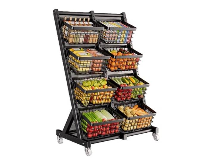 SRDCAIM Präsentationsregal für Snacks, Obst- und Gemüseregal auf dem Boden, multifunktionales Aufbewahrungsregal für Haushaltsgemüse, Küchenorganizer mit Aufbewahrungskörben(Nero,73 * 40 * 112.5cm)