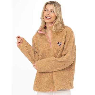 Troyer ZWILLINGSHERZ "Leo Patch", Damen, Gr. L, beige (mittelbeige), Obermaterial: 100% Polyester, Pullover Troyer, Stehkragen und Zipper, Leo-Herz-Patch, Stehkragen