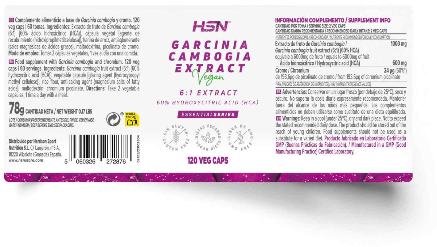 HSN Extrato de Garcinia cambogia (6:1) 500mg - 120 veg caps - Perder peso sem estimulantes - Cápsulas Vegetales - 60 Serviços