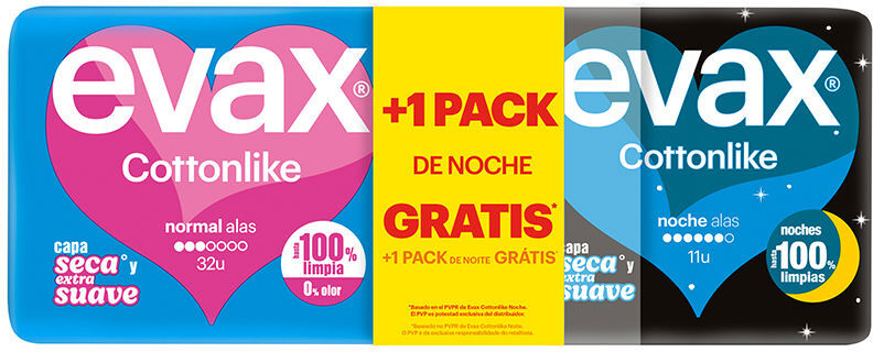 Evax Cottonlike compresas pack normal alas día 32 u +  noche alas 11 u