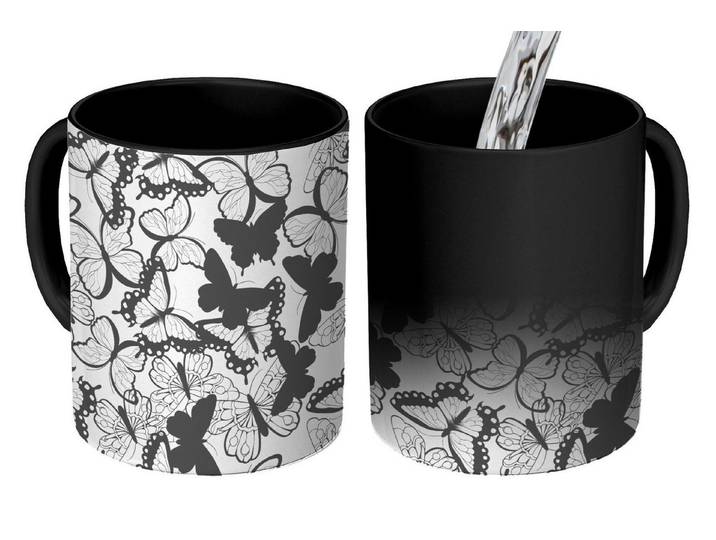 MuchoWow Tasse Zauber Tasse Zaubertasse Magic Schmetterlinge - Muster - Schwarz und, 1-tlg., Tasse, Tasse Geschenk Becher Kaffeetasse