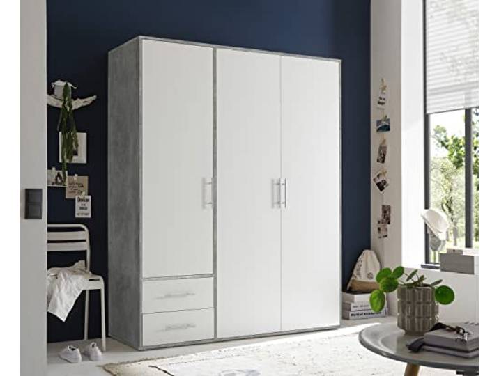 möbelando Kleiderschrank >Valencia< (BxHxT: 155x195x60 cm) in Beton Optik/Weiß
