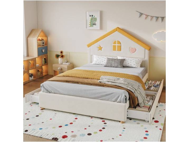 Lit enfant 140x200 cm EVRYAE maison rembourré beige avec 4 tiroirs rangement velours français chambre enfant