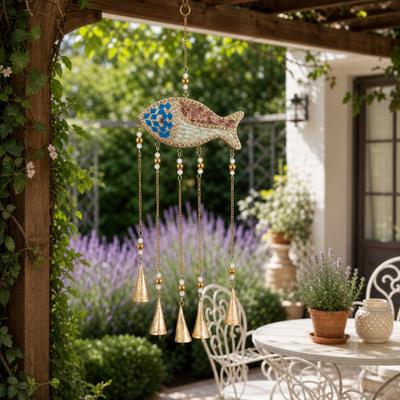 Sagebrook Home "Fish Shape Glass & Wood Mosaic Windchimes with Bells - 26"", Blue - 25.5"""