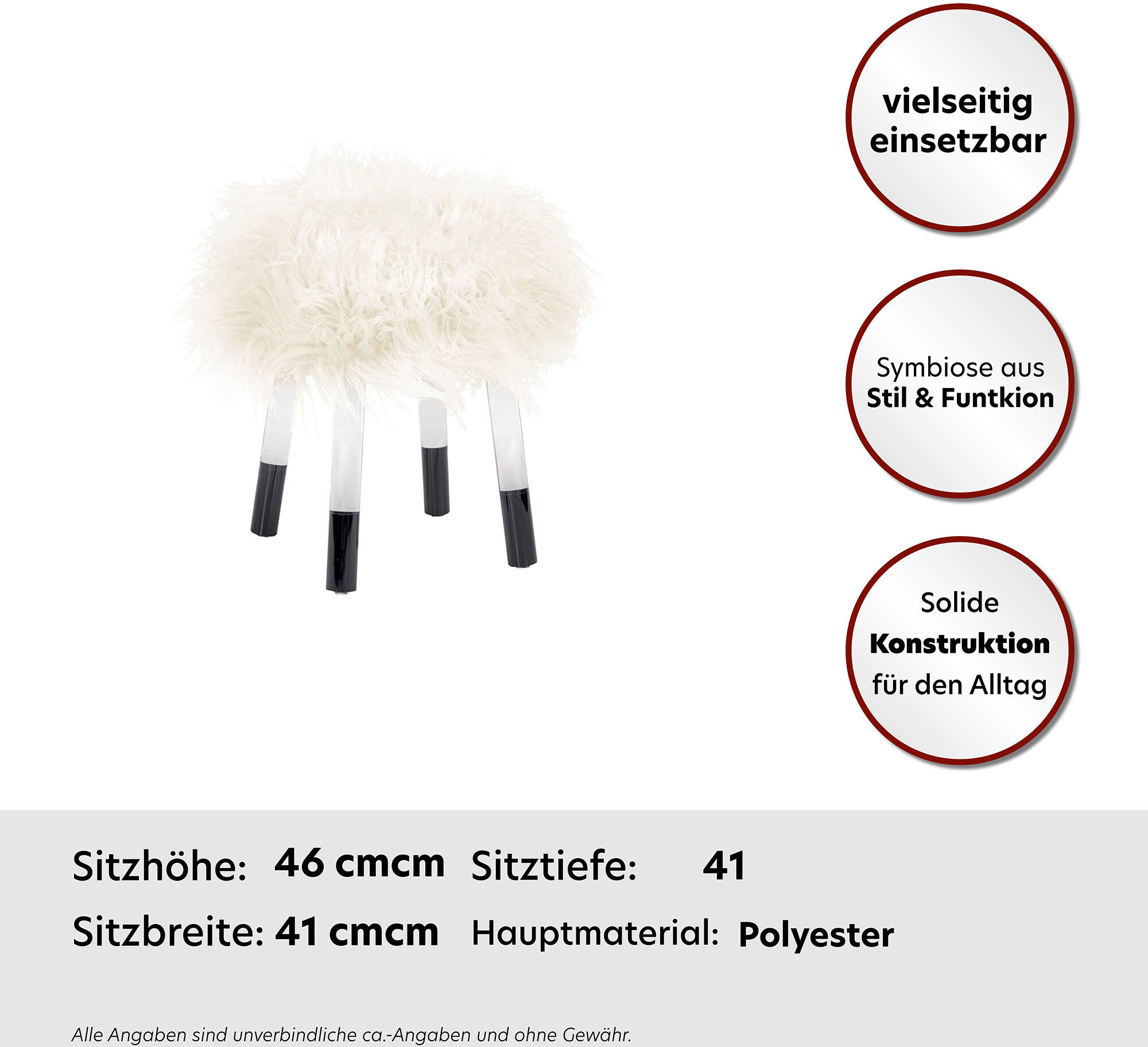 Sitzhocker KAYOOM "Fellhocker Laika 110, stilvoller Hocker mit Kunstfell, runde Form", weiss (weiß), B:41cm H:46cm T:41cm, Polyester, Acryl, Hocker, Sitzhocker, bequem, elegant, modern, runde Form, runde Form weiß B/H/T: 41cm x 46cm x 41cm