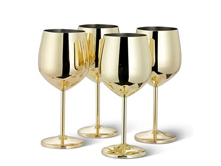 Oak & Steel - 4 ELEGANTE ROESTVRIJSTALEN GOUDEN WIJNGLAZEN, 500ML - ONBREEKBAAR PARTY GLAZEN GESCHENKSET VOOR KERSTMIS EN NIEUWJAAR