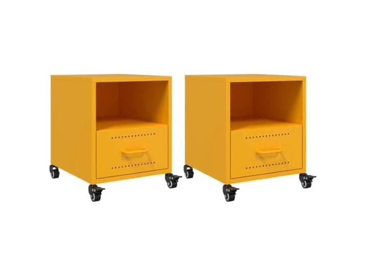 Fisinber Nachttisch 2er Set Senfgelb Stahl Beistelltisch mit Rollen Mobiler Betttisch fürs Schlafzimmer aus kaltgewalztem Stahl mit Schublade, Fach und Griffen, 2er Pack im Retro-Design.