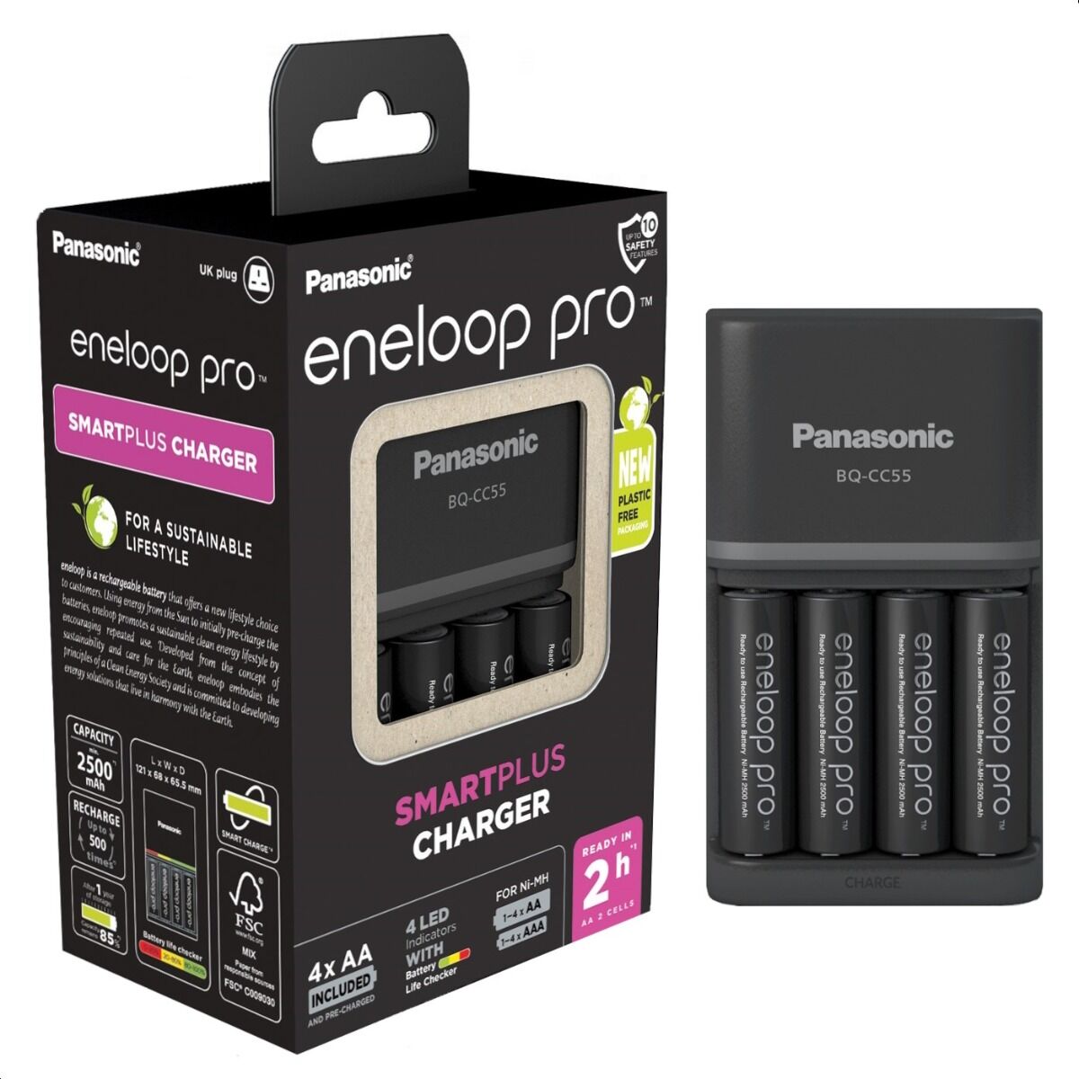 Panasonic UK Smart Plus Charger with 4 x Eneloop Pro AA 2500mAh Batteries