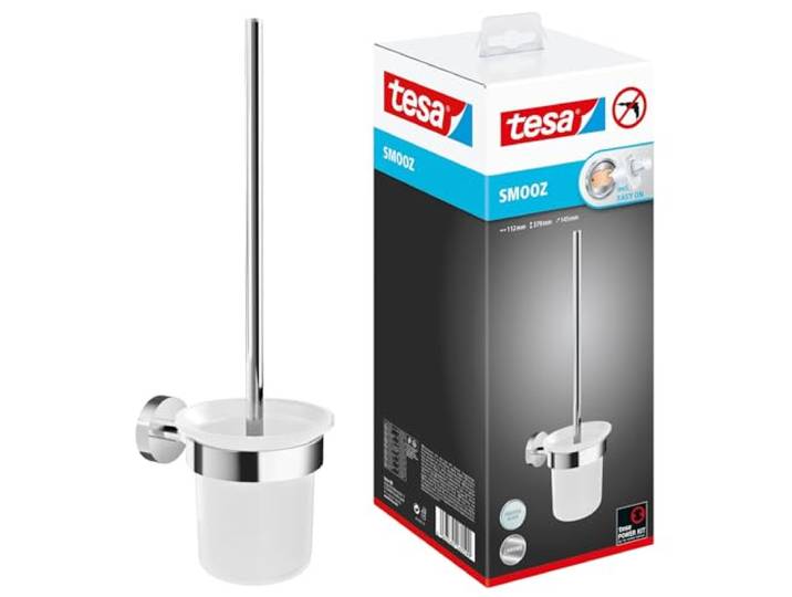 tesa SMOOZ Ensemble pour WC - 97 mm x 137 mm x 410 mm Ensemble de brosses de toilettes à fixer au mur sans perçage - Verre satiné et métal chromé - Solution adhésive incluse