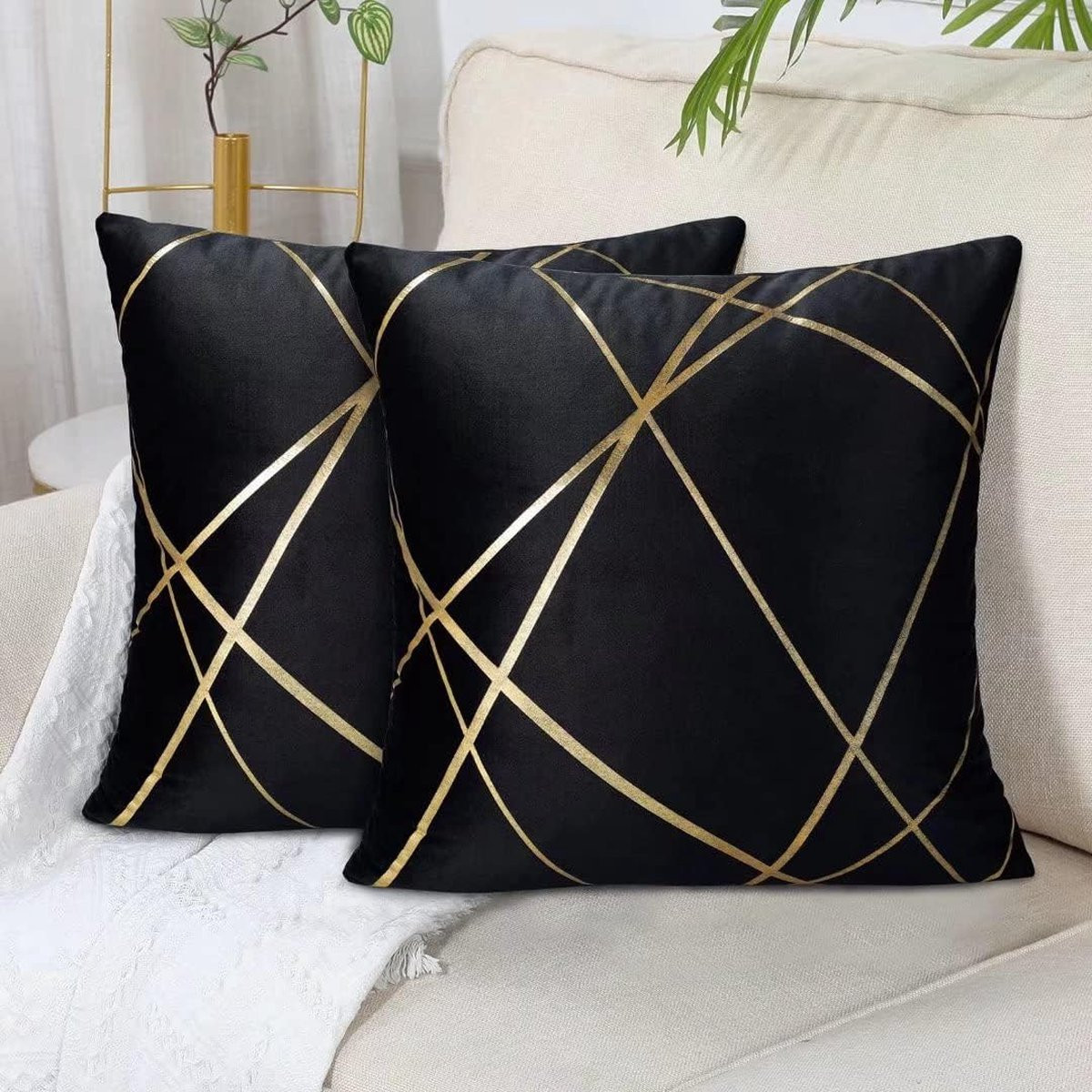 Set van 2 Fluwelen Kussenslopen met Grafisch Design - Zwart/Goud - 40 x 40 cm
