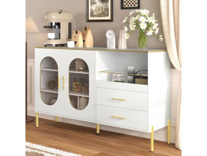 Buffet rangement moderne élégant blanc avec accents dorés 2 tiroirs et 2 portes vitrées grand rangement pour salon