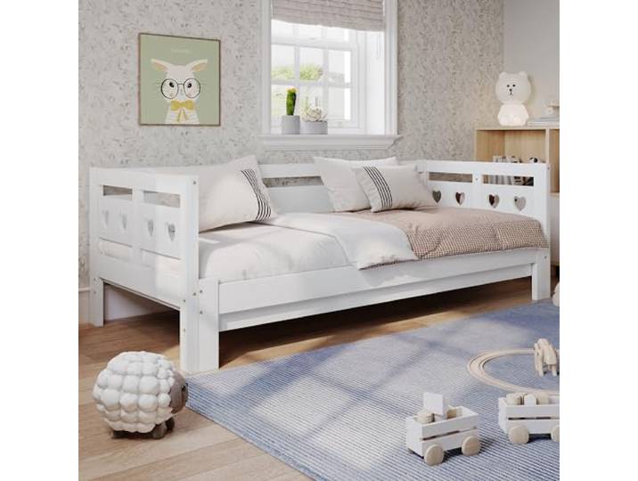 Merax Daybett 90x190 cm ausziehbar – Tagesbett mit 2. Schlafgelegenheit, Massivholz Kiefer, Herzform Bett mit Rollrost, Kinderbett & Jugendbett, Weiß