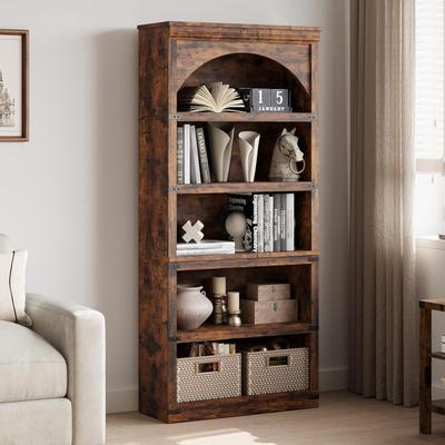 Garvee Farmhouse Arched Bookcase, 68.7in 5 Tier Bookshelf, Wooden Base