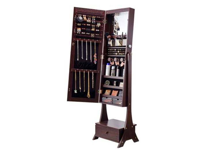 VEVOR Armoire à Bijoux avec Miroir Pleine Longueur\, Organisateur de Bijoux sur Pied avec Rangement\, Meuble de Rangement pour Bijoux Verrouillable\, Doublure en Velours\, LED Intérieur\, Tiroir\, Marron