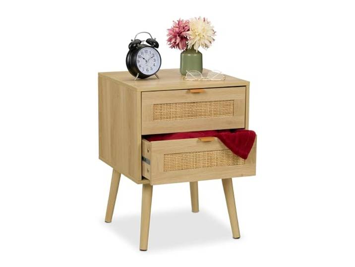 Relaxdays Nachttisch, 2 Schubladen mit Rattan, Holzoptik, HxBxT: 55 x 40 x 41,5 cm, Nachtschrank, versch. Anzahl, Natur