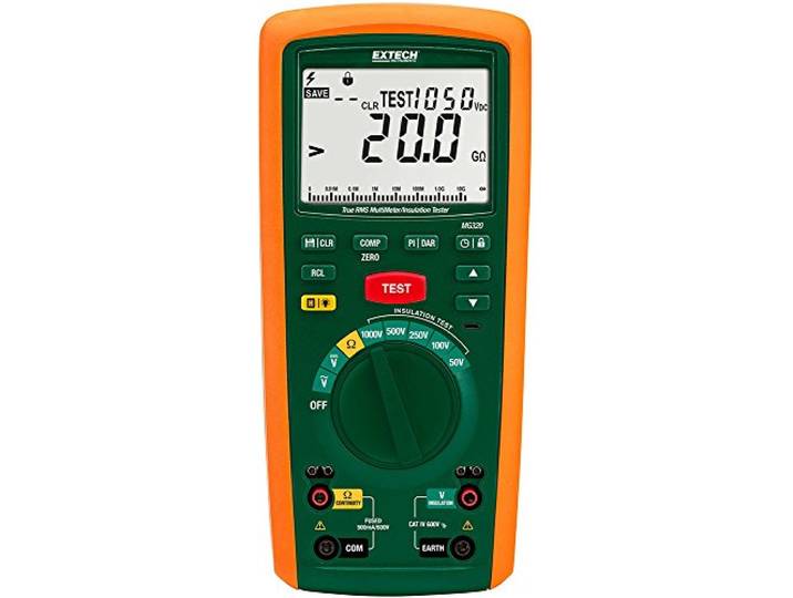 Extech MG320 Isolationsprüfer Isolation bis 20 GOhm, 5 Testspannungen 50-1000V, PI/DAR, True RMS DMM bis 600V, CAT IV 600V