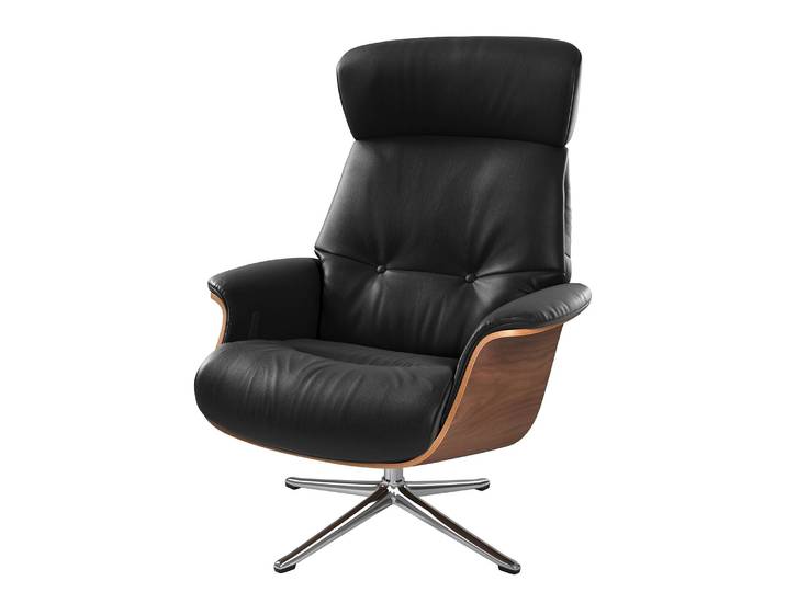 Sessel manuell verstellbar Schwarz/Schwarz Echtleder Neka Walnuss Chrom glänzend 83 x 110 x 88cm