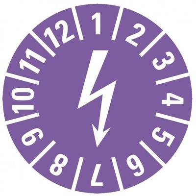 König Werbeanlagen Dreifke® Aufkleber I Prüfplakette mit Blitzpfeil, violett, Dokumentenfolie, selbstklebend, Ø15mm, 60/Bogen