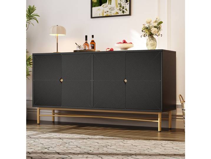 Buffet bas 4 portes IVMEU 160 cm noir effet relief poignées dorées brossées soft close