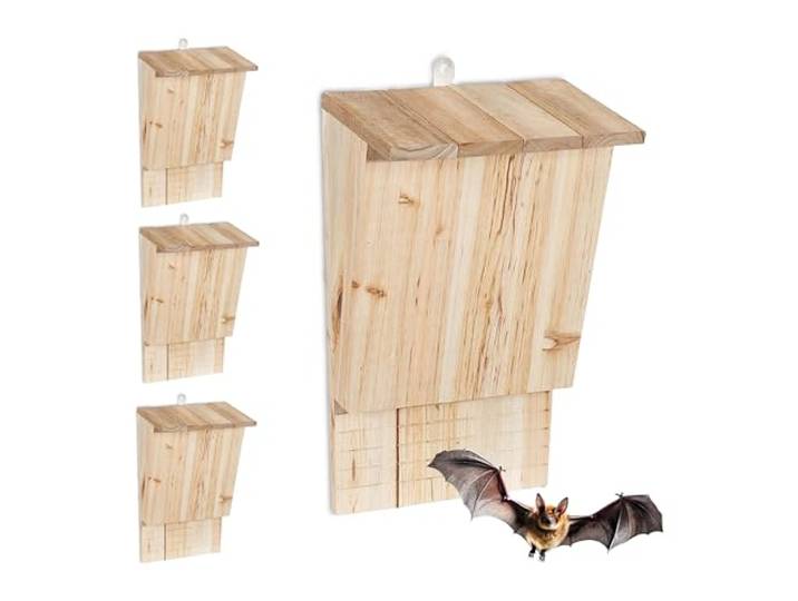 Relaxdays Fledermauskasten 4er Set, wetterfest, Tannenholz, Fledermaus-Unterschlupf, H x B x T:34 x 22,5 x 13cm, Natur