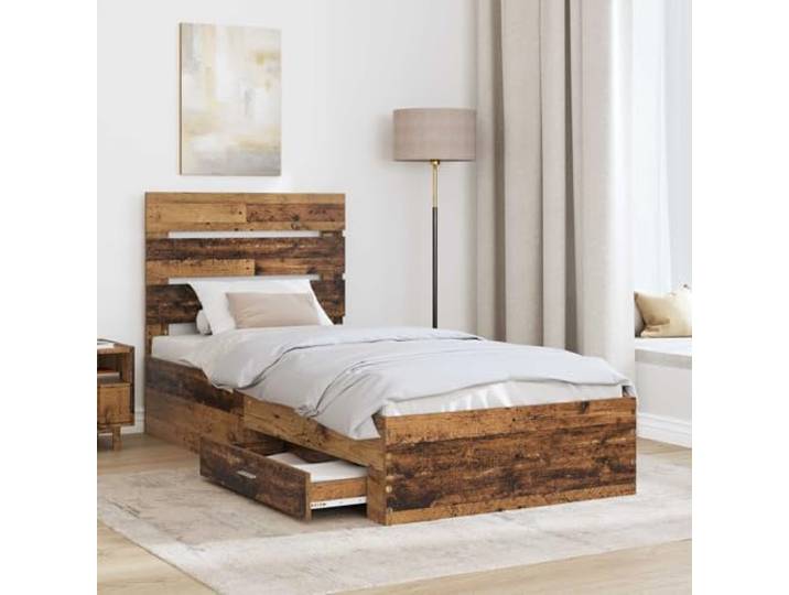 KTHLBRH Bett mit Schubladen aus altem Holz, 100 x 200 cm Mehrschichtiges Holz, Kopfteil inklusive, modernes Design, einfache Reinigung, Verwendung im Innenbereich