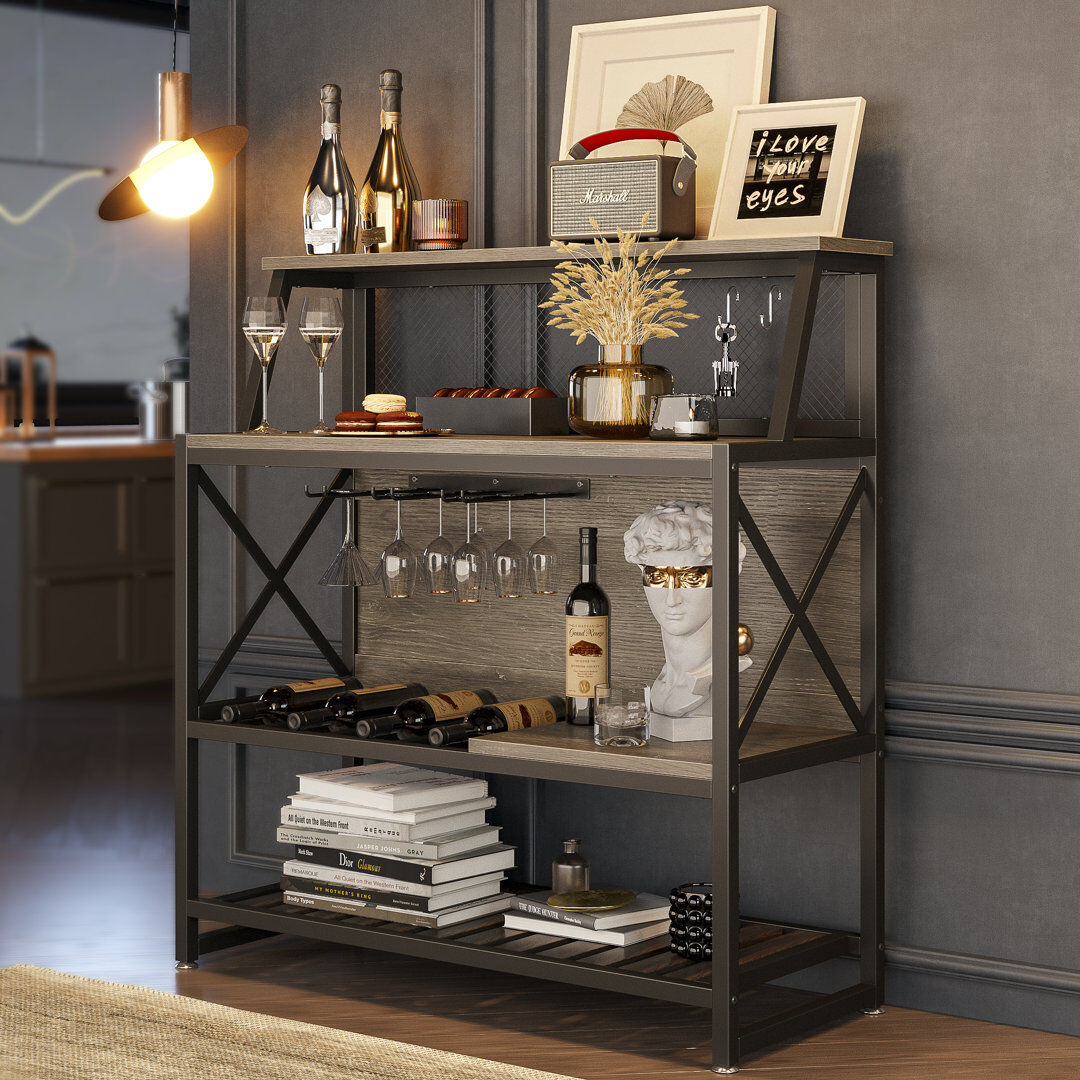 August Grove 100W x39.8D x 106H cm Selleck Bar with Wine Storage With Cup Holder Vintage Dark Grey/Black 106cm H X 40cm D X 100cm L