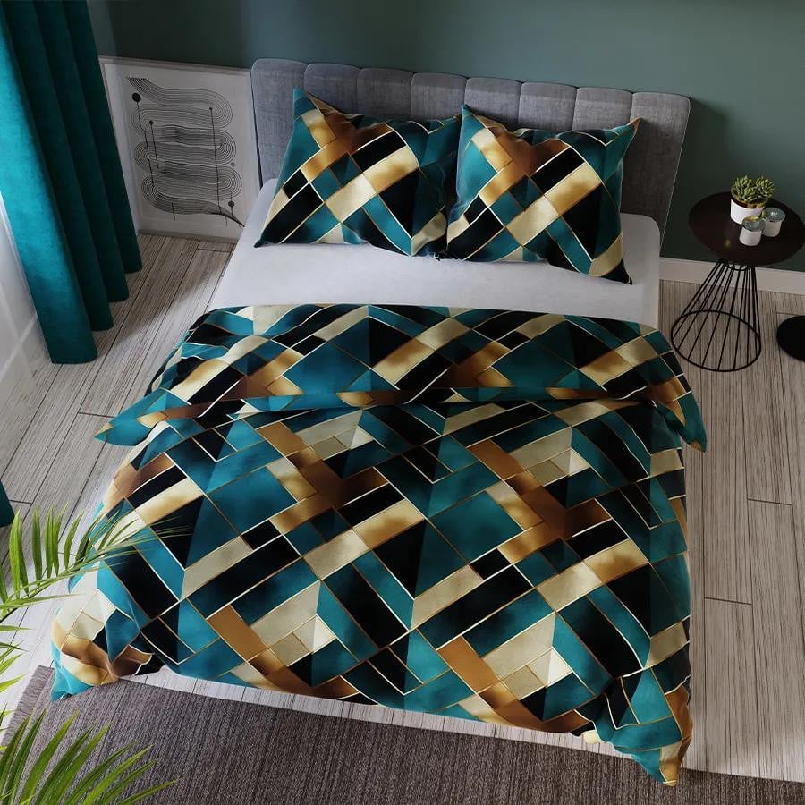 Markizeta Home Rubik satijnen beddengoed - Turquoise en goud - 200 x 220 cm