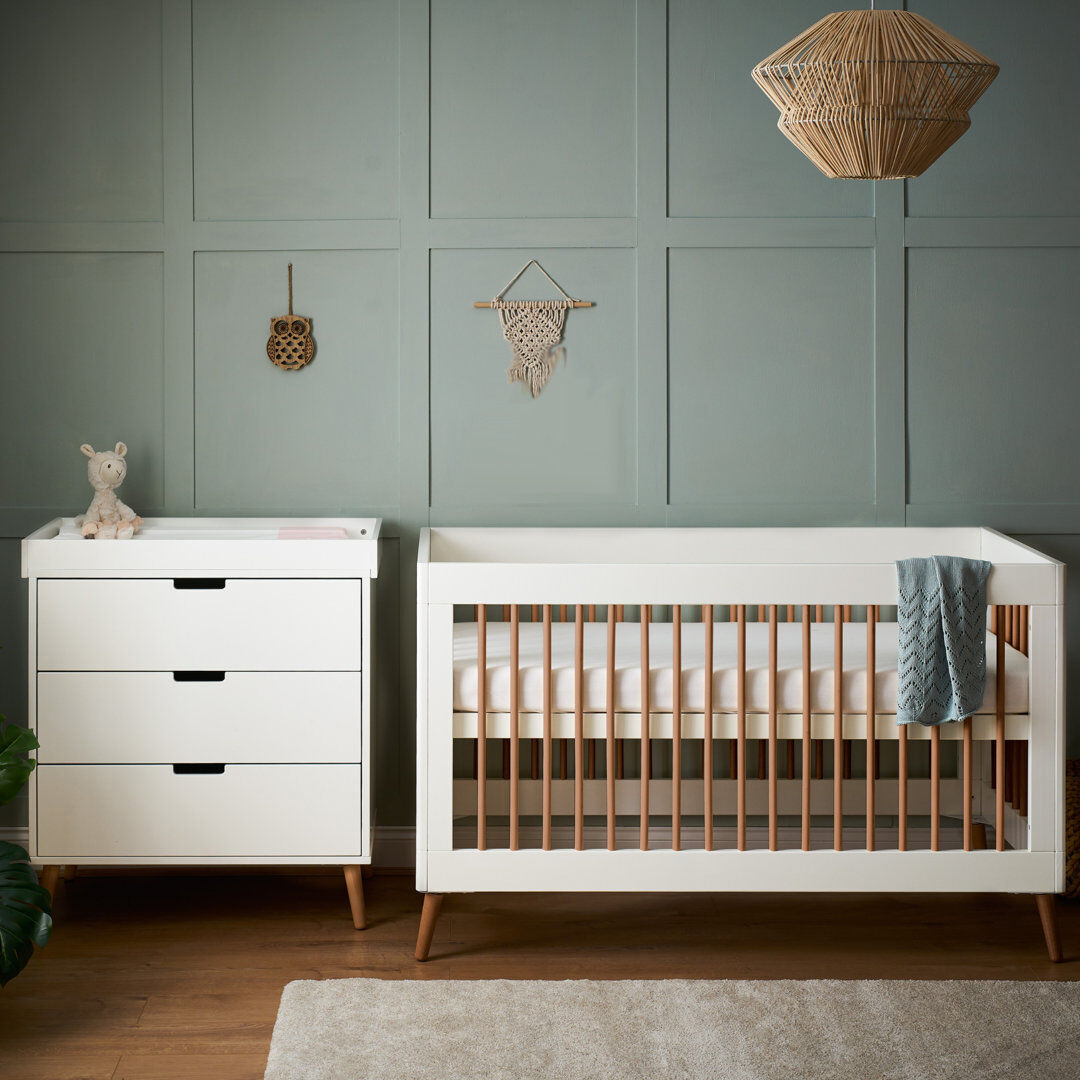 Obaby Maya Cot Bed 2 Piece Nursery Furniture Set White/Brown 70 x 140 cm