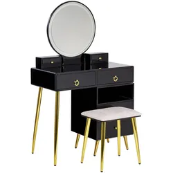 SCHMINKTISCH mit rundem LED-Spiegel Hocker 6 Schubladen schwarz/gold Yves