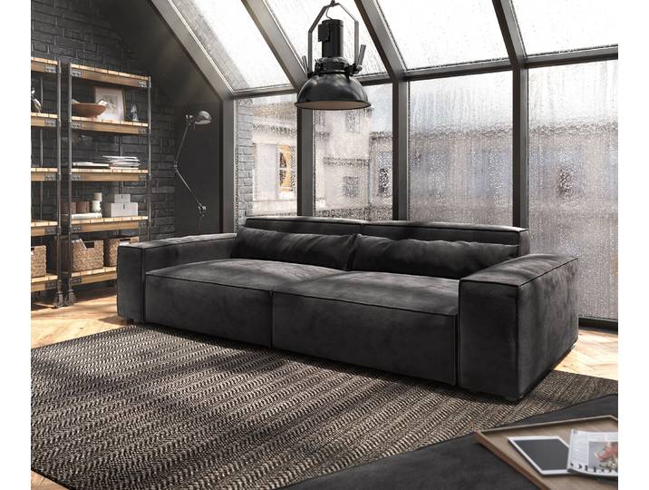Big-Sofa Sirpio XL 270x130 cm Mikrofaser Schwarz mit Hocker, Big Sofas