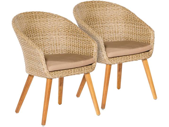 Gartenstuhl MERXX Arrone , beige, B:66cm H:82cm T:61cm, Rattan, Stühle, Gartenstuhl, 2er Set, Alu/Polyrattan/Akazie, beige, inkl. Auflage