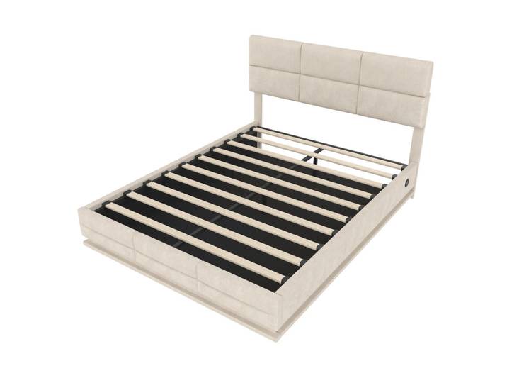 ComfortXL Stauraumbett 140/200 cm De-03569, mit höhenverstellbarem Kopfteil, LED und hydraulischem Liftsystem, in Beige, Metall, 140x200 cm, Schlafzimmer, Betten