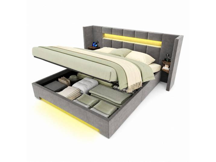 Evryae Polsterbett 160/200 mit Bettkasten, Led, Usb, Hydrauliksystem und breitem Kopfteil, Dunkelgrau, 180x200 cm, Schlafzimmer, Betten, Polsterbetten