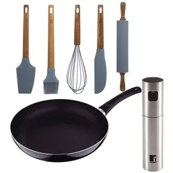 Chef sauce PIXEL - 24 x 4,5cm große Bratpfanne aus gepresstem Aluminium mit Öl- und Essigsprüher, 4 x 17,5cm große Küchenhelfer aus Silikon