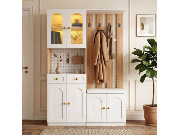 Vestiaire d'entrée 120x30x180 cm avec banc éclairage LED meuble à chaussures et 4 patères - Blanc et effet chêne