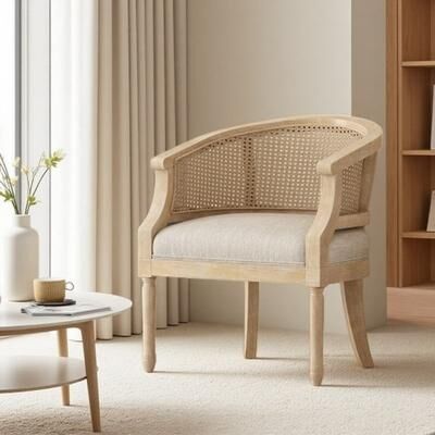 French Country Accent Armchair with Cane Backrest, Upholstered Seat Chair with Curved Frame & Rubberwood Legs