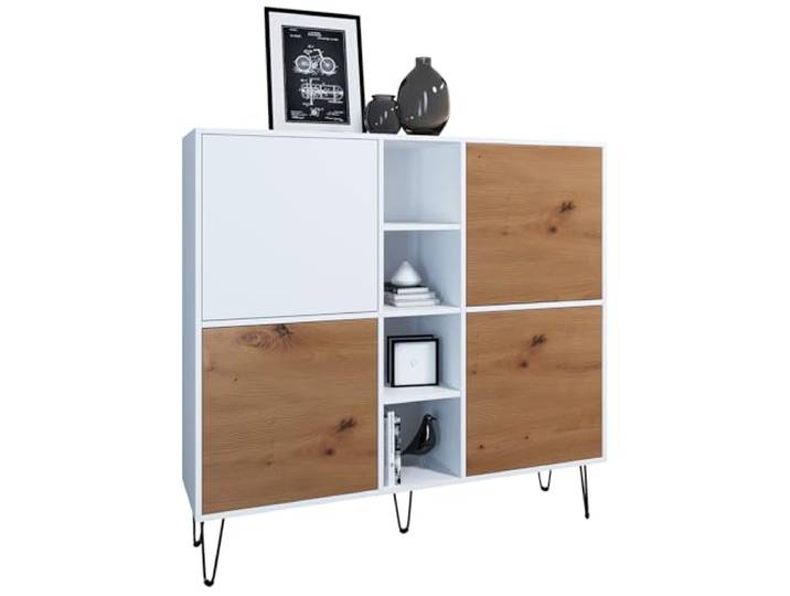 Vladon Highboard Havana V3, Kommode mit 4 Türen und 4 offene Fächer, Kommode Made in Germany, Weiß matt/Eiche Evoke (130,5 x 124 x 35 cm)