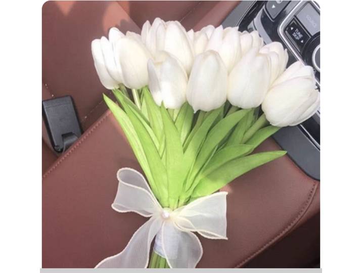 Bouquet de simulation de tulipe, photo rétro de mariage, mariée tenant une licence française, tenant une photo.