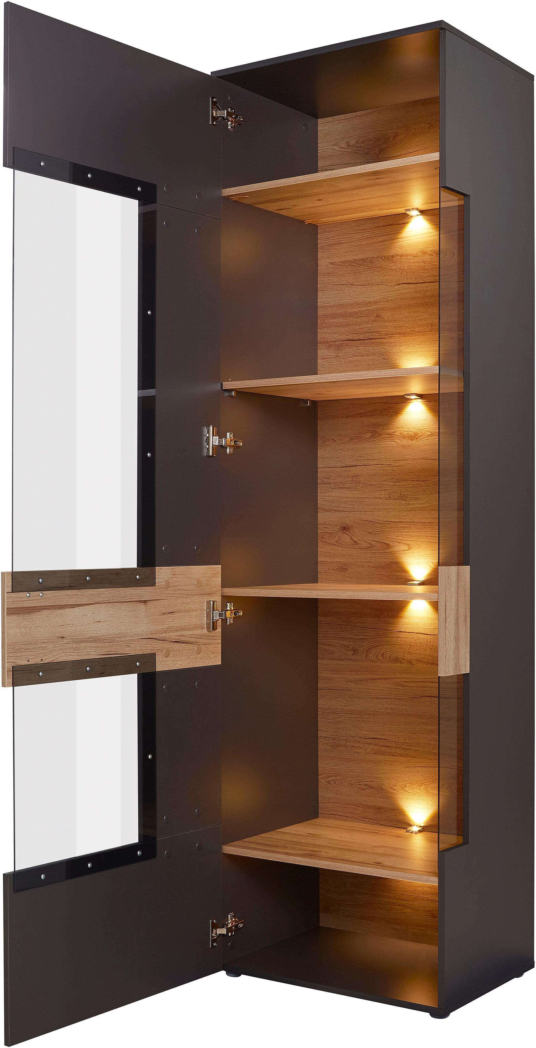 Vitrine FORTE "Como", grau (grau, eichefarben), B:60,4cm H:203,3cm T:41,3cm, Holzwerkstoff, Schränke, Vitrine, Vitrine, Glastüre, LED Beleuchtung, Soft Close Linksanschlag