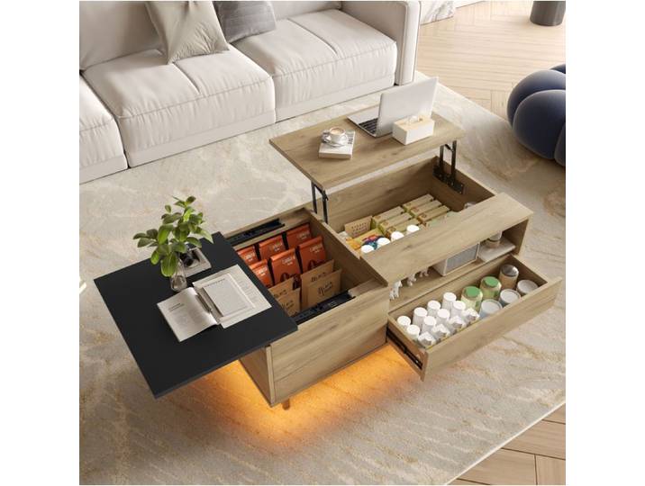 MEULVA Table basse relevable avec rangement LED bois naturel et métal pour salon et petits espaces