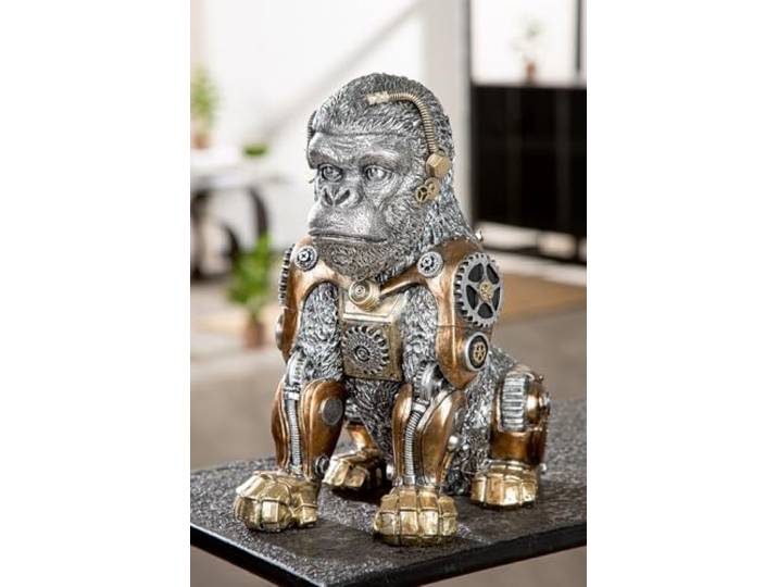GILDE Figur Steampunk Gorilla aus Kunstharz, silberfarben, antikfinish, metallische Optik, Zahnrädermotiv, 31 cm hoch