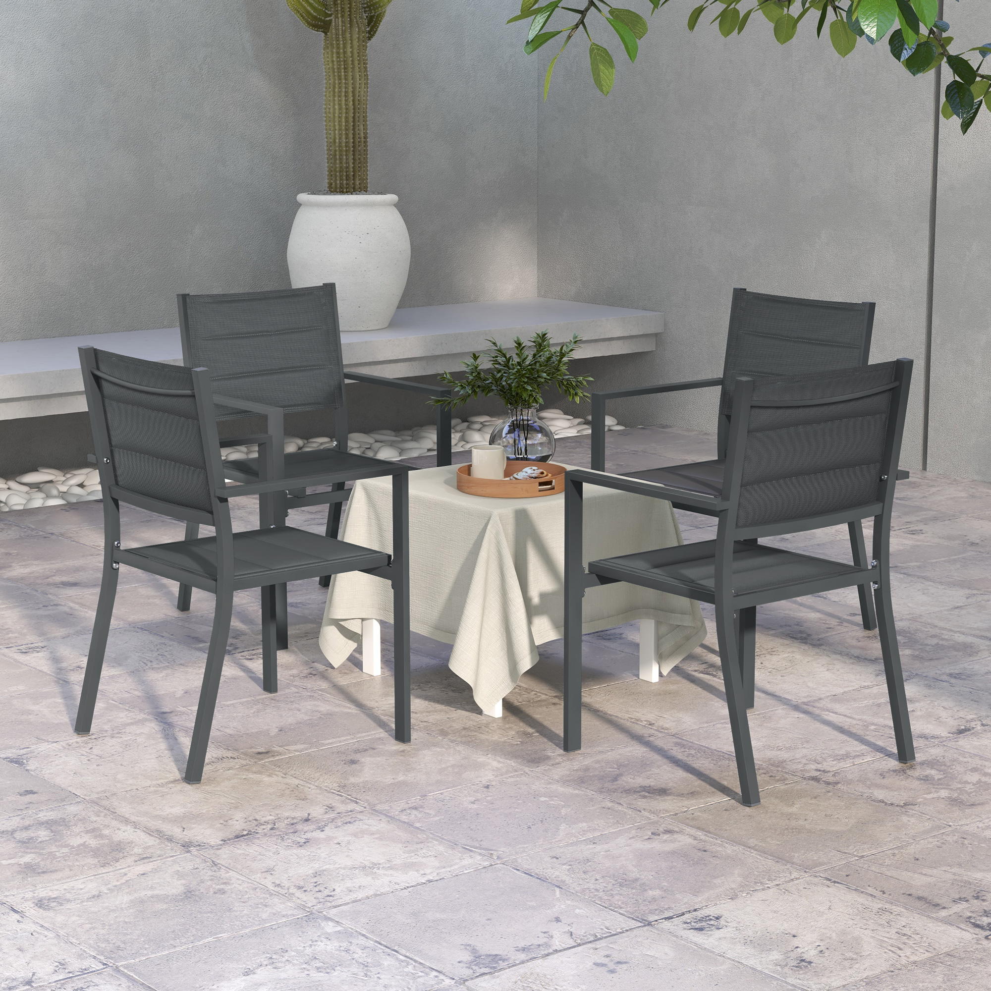 Outsunny Set di 4 sedie da giardino impilabili in alluminio e textilène con braccioli, set di 4 pezzi per esterno
