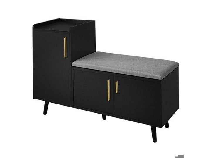 Banc rangement chaussures design élégant poignées métal asymétriques pieds bois minimaliste pour tout intérieur VESTIAIRE