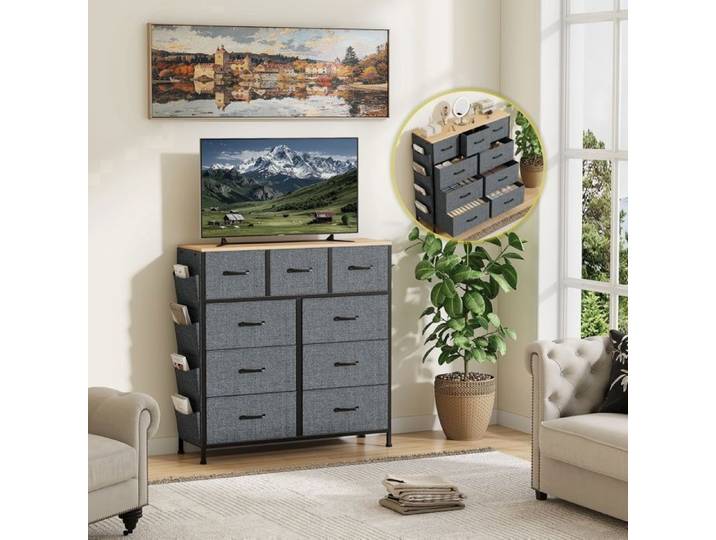 Commode Chambre 9 Tiroirs Meuble de Rangement avec Tiroirs en Tissu Dessus en Bois Commode Chambre en Tissu Commode Tiroir