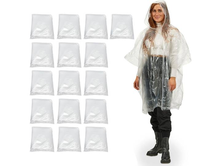 16er-Set Notfall Regenponcho mit Kapuze und Ärmeln, transparent, ca. 120cm