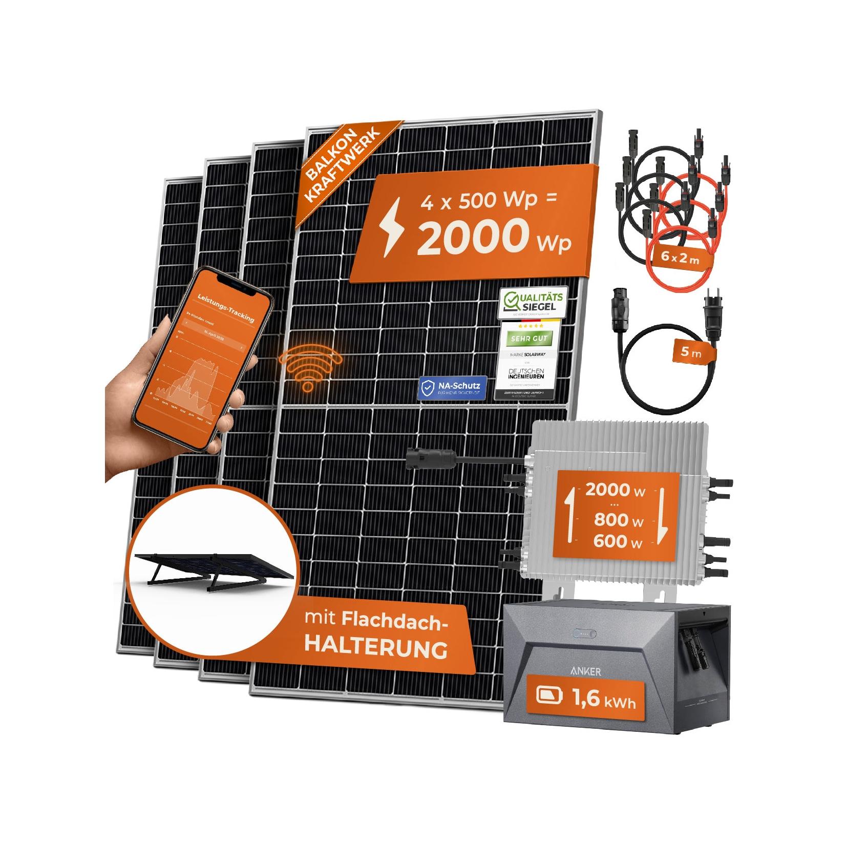 2000W + Anker 2 PRO Solarway® All In One Balkonkraftwerk mit Speicher 2000W komplett Steckdose - 1,6 kWh Anker Solix 2 PRO Speicher - Solaranlage Komplettset - 500W bifaziale Solarmodule & Anker Speicher & Zubehör