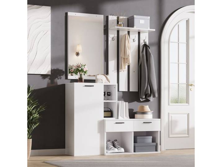 Armoire d'entrée avec porte-manteau comprenant un meuble à chaussures un miroir et des patères. Armoire compacte à 2 tiroirs blan