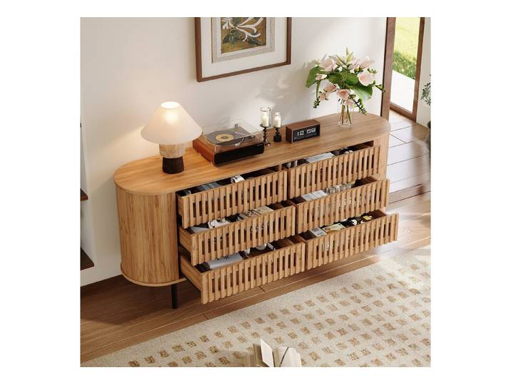 Odikalo Sideboard Kommode Mehrzweckschrank mit Schubladen Metallbeine (Sideboard 160x40x70cm mit 6 Schubladen, Hohl-Lamellen Design Kommode aus MDF, stabiler Metallbeine, bis 70kg belastbar, Wohnzimmer Flur Kommode,Beistellschrank,Schubladenschrank)