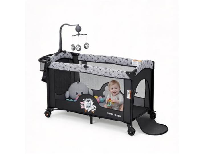 Koioplie Beistellbett, Laufgitter, Matratze, Spielbogen, feststellbare Rollen