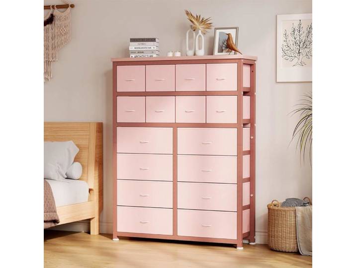 Commode De Chambre 16 Tiroirs En Tissu Organisateur De Vêtements Armoire Multifonctionnelle Pour Chambre Et Salon - Rose